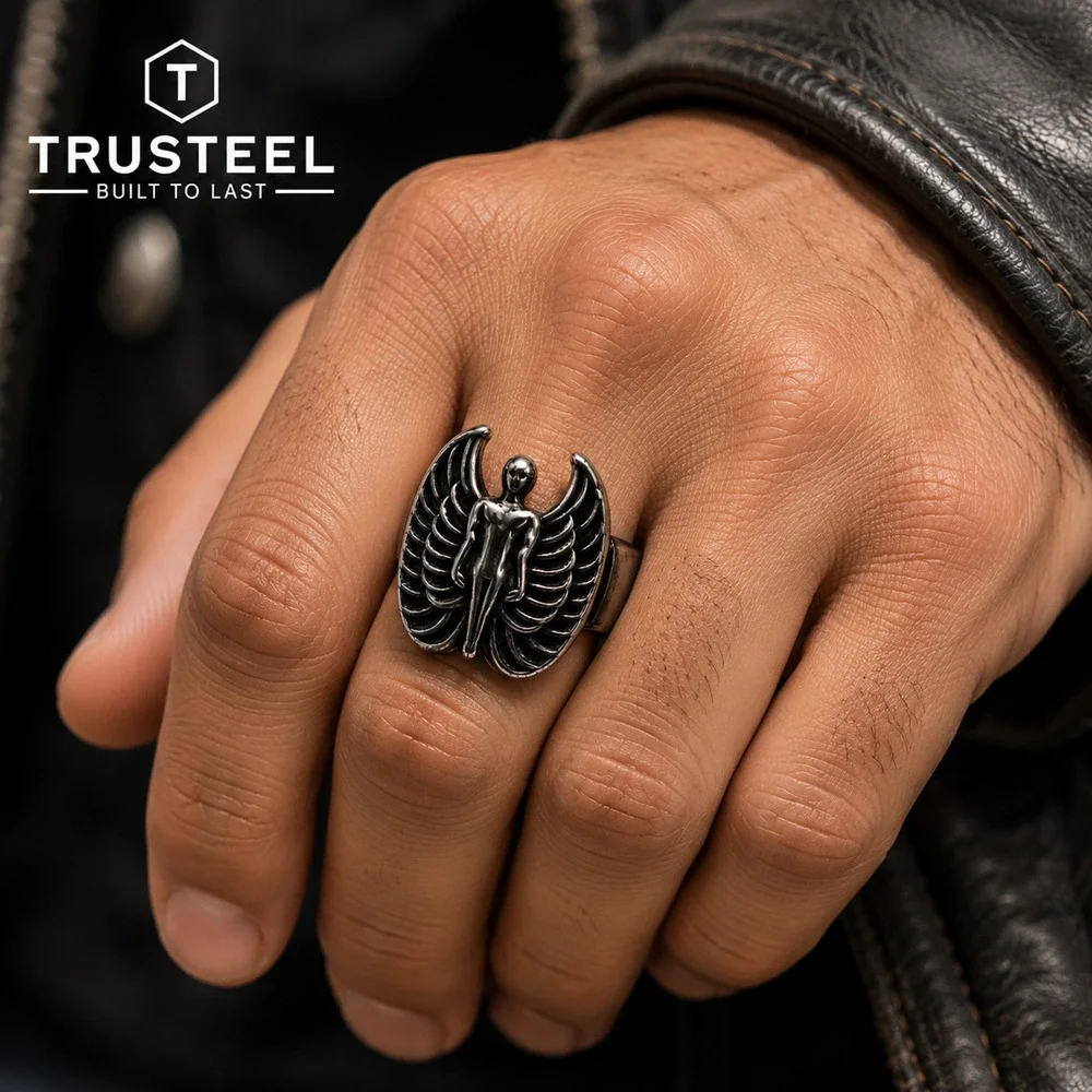 Men’s Stainless Steel Angel Wings Ring Gothic Biker Guardian Statement Size 10